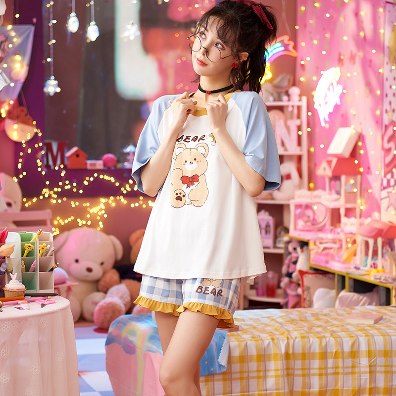 睡衣女夏季五分袖薄款套装学生可爱甜美大码可外穿休闲家居服