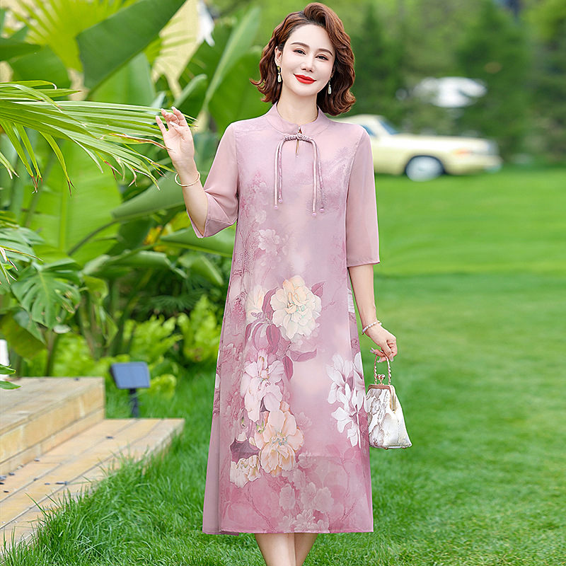 纤孜雅 新中式妈妈夏装连衣裙2025新款中老年国风女装夏季宽松雪纺长裙子高清大图