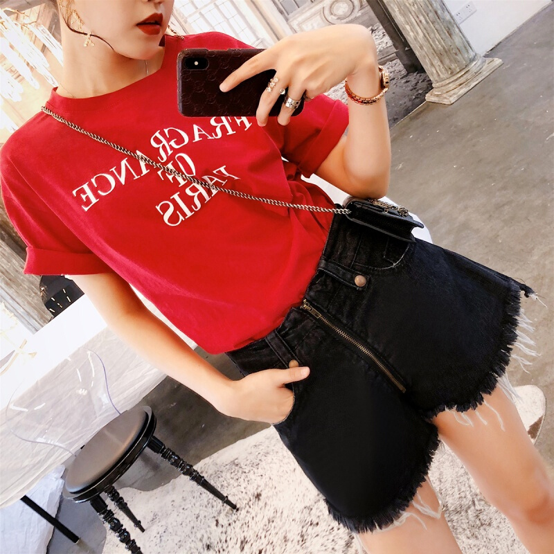 2018夏装新款chic韩风裤子韩版毛边牛仔裤黑色高腰短裤热裤女夏黑色