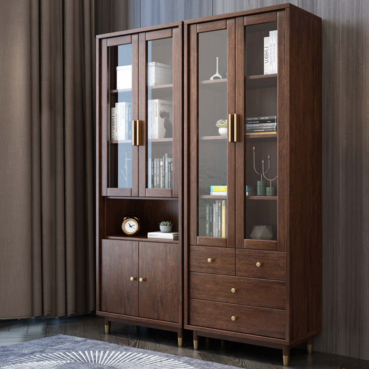 月影梳桐新中式实木书柜胡桃木全实木书橱组合北欧轻奢木书房简约家具