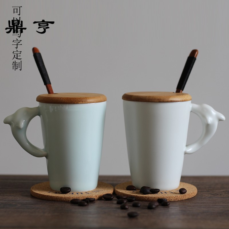 鼎亨创意个性小海豚马克杯青釉带盖勺陶瓷杯简约情侣杯咖啡杯茶杯