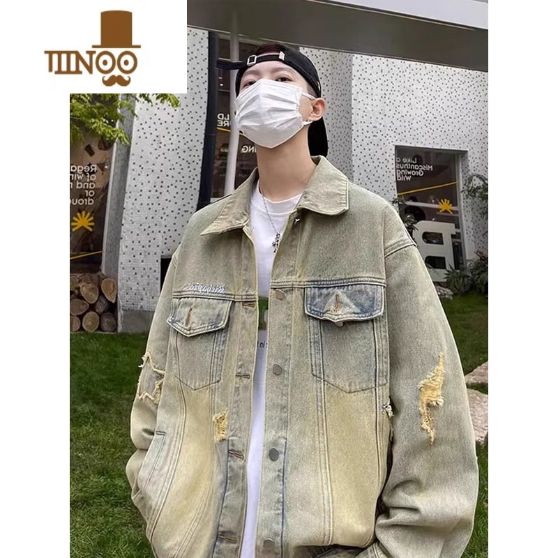 YANXU黄泥染牛仔外套男秋季美式高街潮牌复古上衣oversize毛边vibe夹克高清大图