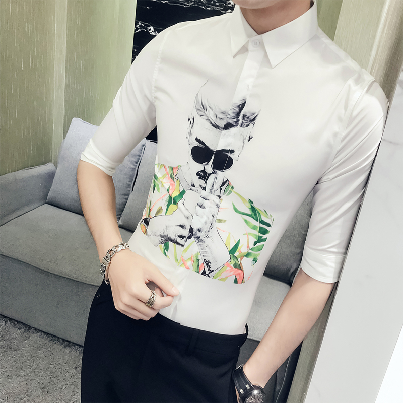 夏装新款个性印花七分袖衬衫韩版修身中袖衬衣型师时尚短袖衬衫