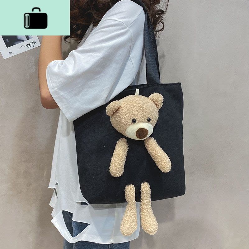 手提包袋小熊包包2020新款潮帆布包女单肩包大容量女包时尚托特包NEW LAKE女士单肩包图片