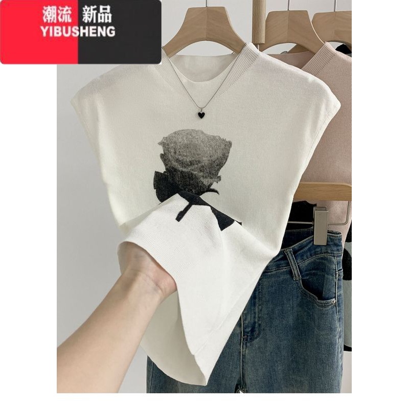 YIBUSHENG法式设计感玫瑰花冰丝针织短袖t恤女季修身短款小飞袖坎肩上瑰高清大图