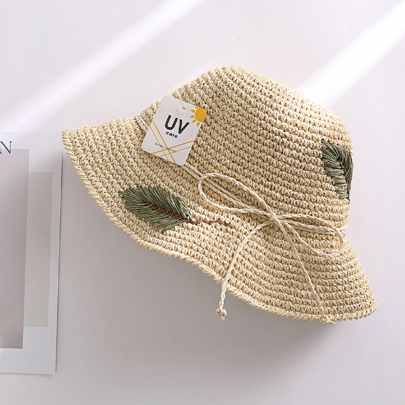 拉菲草帽子女遮阳帽韩版潮夏天防晒帽沙滩百搭太阳帽手工树叶细绳草帽