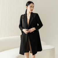 恒源祥中长款西装外套女秋季新款双排扣气质翻驳领风衣百搭西服 170/L 黑色