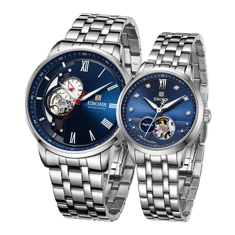 依波表ebohr大师系列械表情侣对表蓝盘钢带女款19081326
