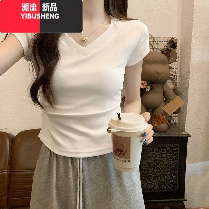 YIBUSHENG正肩短袖女t恤2024新款季修身显瘦不规则设计短款辣妹上衣高清大图