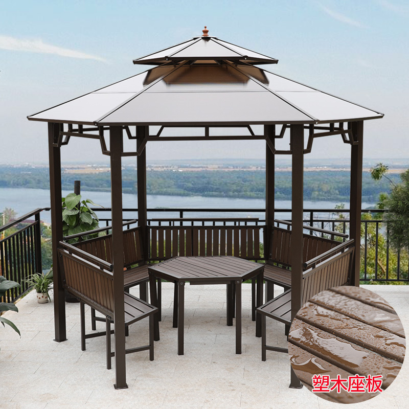 森美人六角凉亭农家乐别墅庭院室外花园移动组装楼顶亭子户外凉亭 双顶六角亭含座板+桌子