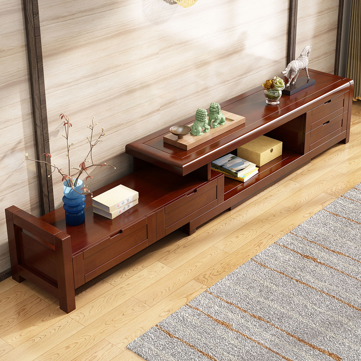 采百木(caibaimu)实木电视柜可伸缩地柜新中式现代简