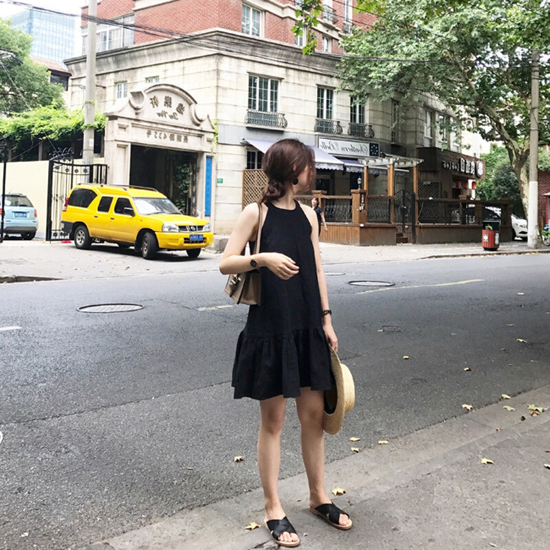 夏装新款矮个子连衣裙女小黑裙显瘦打底裙带黑色无袖a字裙黑色
