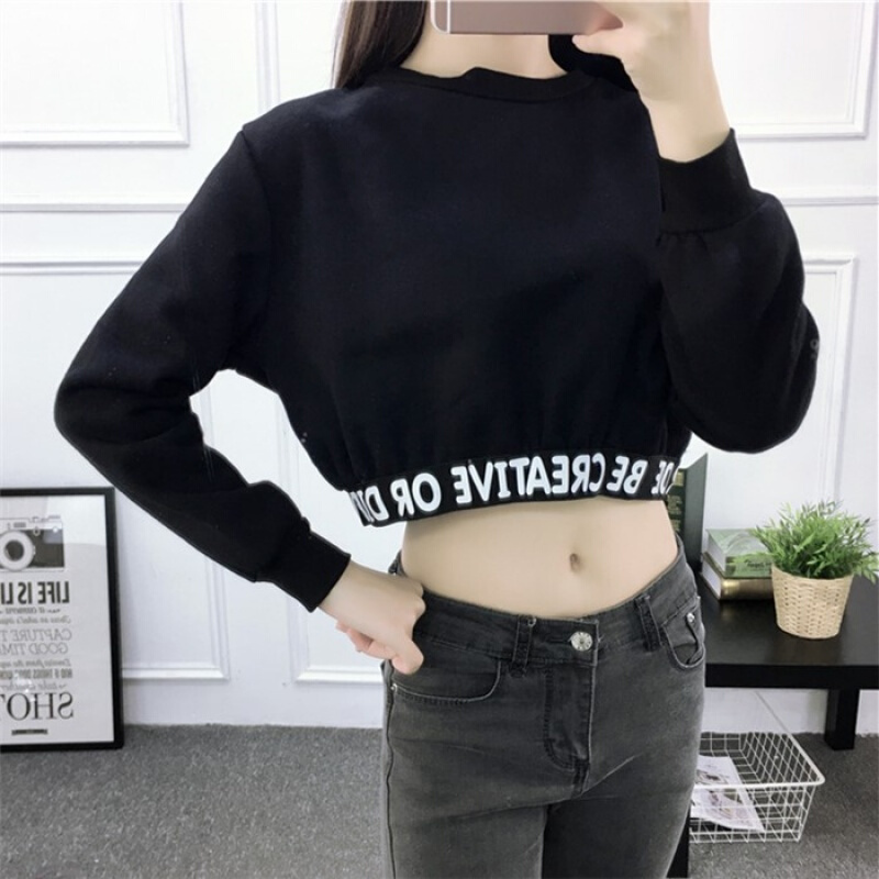 长袖高腰露脐t恤女韩版短款漏肚脐学生春夏短装宽松上衣服社会薄