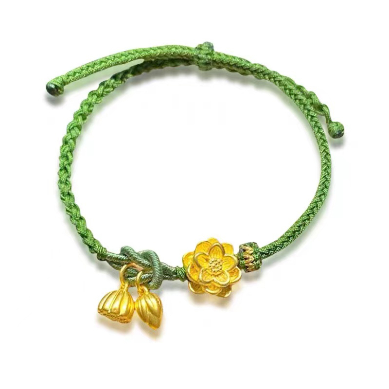 盛爵珠宝两世欢黄金莲花手链女款999足金莲蓬转运珠绿绳友520送礼物