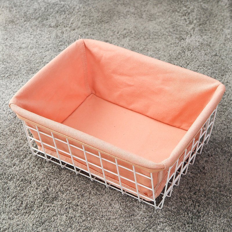 家柏饰(CORATED)铁艺收纳筐铁架子装零食的收纳篮杂物置物篮小篮子布艺收纳框桌面 【橘粉布袋】+【白色铁框】