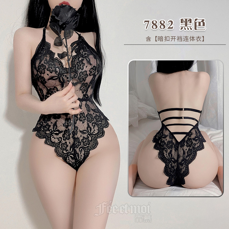 霏慕女式情趣睡衣性感服装情趣内衣制服蕾丝挂脖露背暗扣开档连体衣7882 7882黑色【暗扣可开裆连体衣】 M