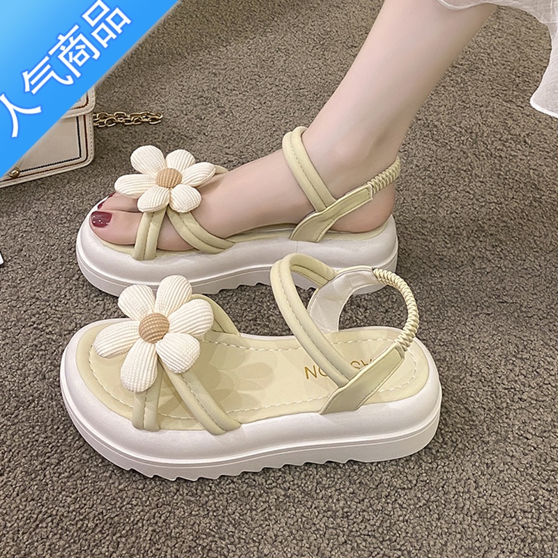 SUNTEK凉鞋女2023新款夏外穿花朵厚底凉拖网红仙女风配裙子两穿软底拖鞋高清大图