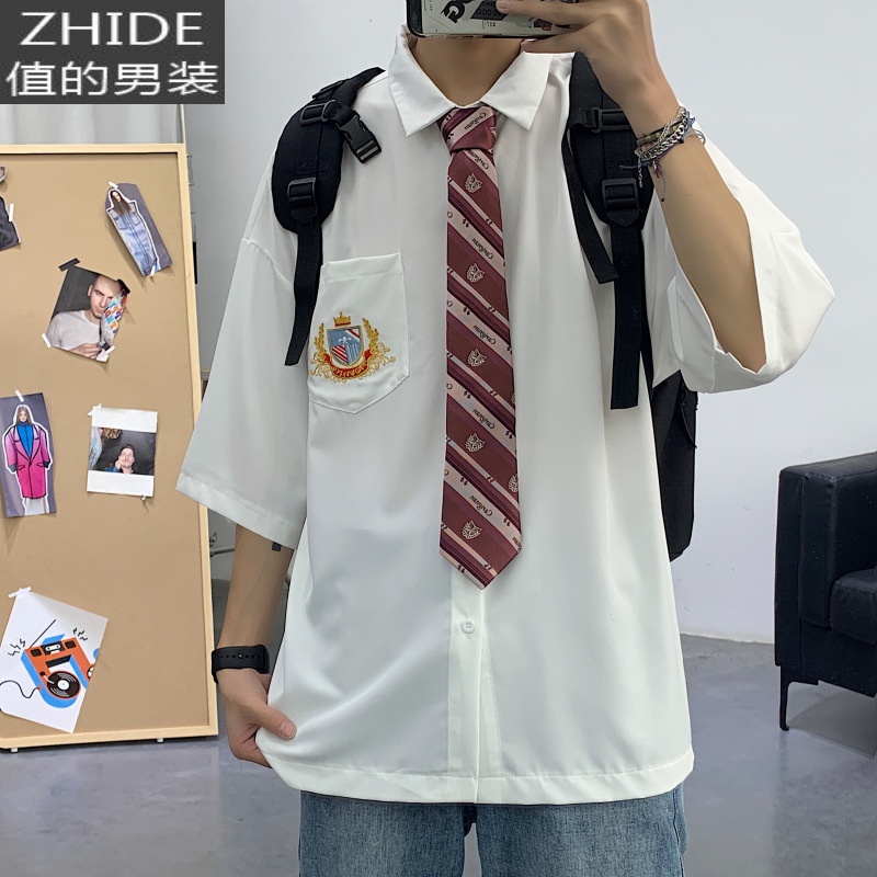 SUNTEK夏季长袖衬衫男短袖学院风宽松帅气百搭情侣jk衬衣五分袖dk制服男衬衫高清大图