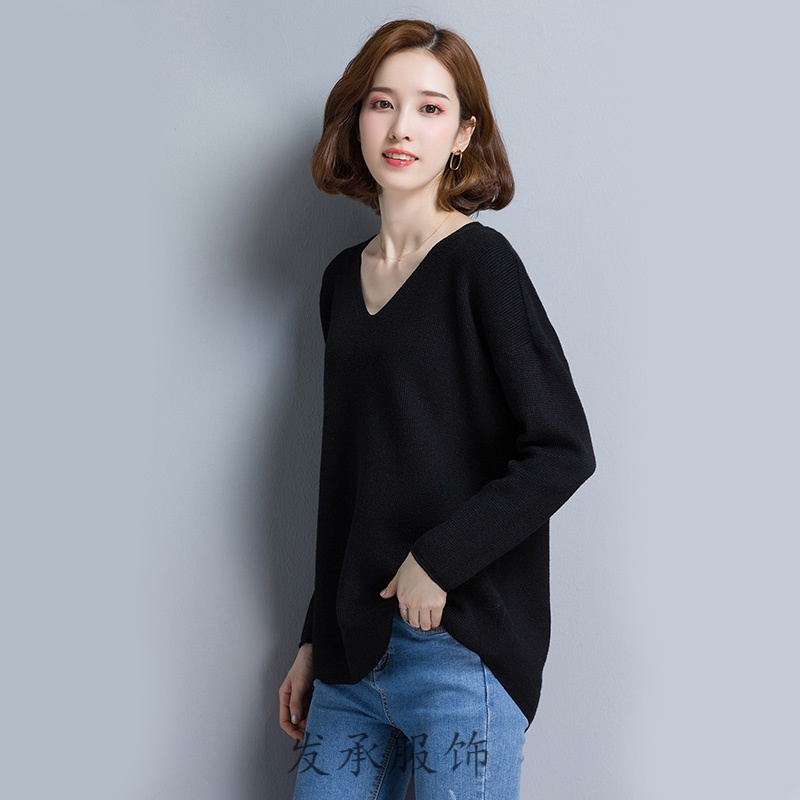 毛衣女2018春秋新款百搭宽松V领针织衫套头韩版长袖短款打底衫薄