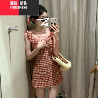 YIBUSHENG法式气质红色格子无袖连衣裙子女季2024新款小个子显瘦收腰短裙