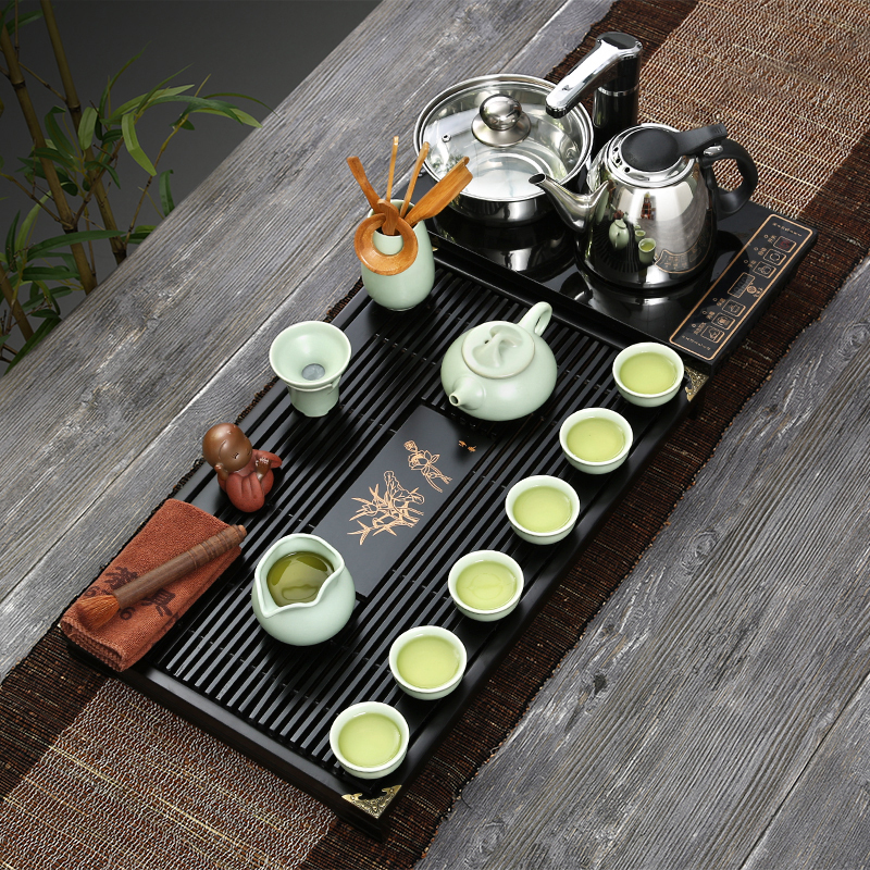 常生源 功夫茶具套装实木茶盘仿宋汝窑茶壶茶杯泡茶炉整套 幽雅石瓢套组