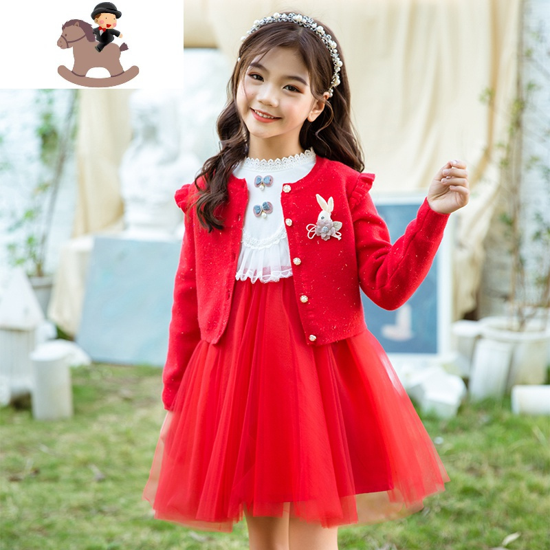 yuebin女童红色连衣裙秋冬新年装过年衣服套装洋气儿童时髦加绒公主