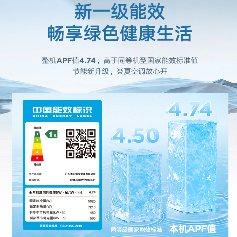 美的(Midea)2匹旋耀 新一级能效空调挂机 变频冷暖 客厅壁挂式智能家电KFR-50GW/N8MXA1
