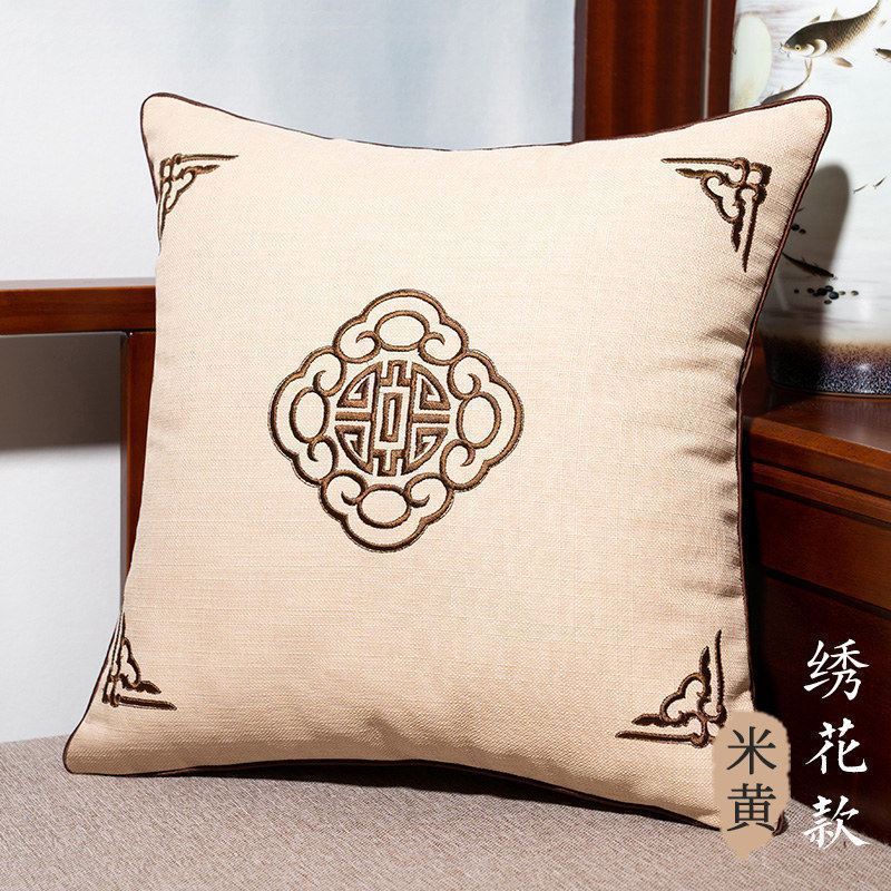家柏饰(CORATED)新中式客厅沙发抱枕套刺绣花亚麻靠背不含芯腰枕靠枕头中国风靠垫 悦轩阁（绣花）-米黄 45cm*45cm（枕套）