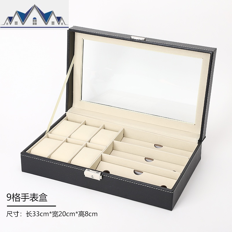 皮质手表盒收纳盒腕表展示盒机械表首饰盒手表盒子手链整理盒_660 豪华版6位手表+3位眼镜盒黑色