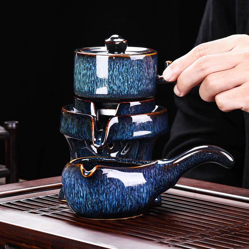 懒人功夫茶具套装家用陶瓷天目窑变石磨泡茶器客厅办公室会客整套 井中月自动茶具9头(窑变蓝)