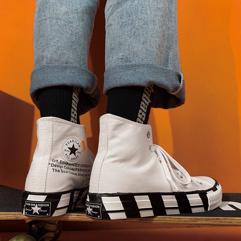春季ins原宿港风帆布鞋男高帮韩版潮流百搭休闲黑色板鞋日系复古