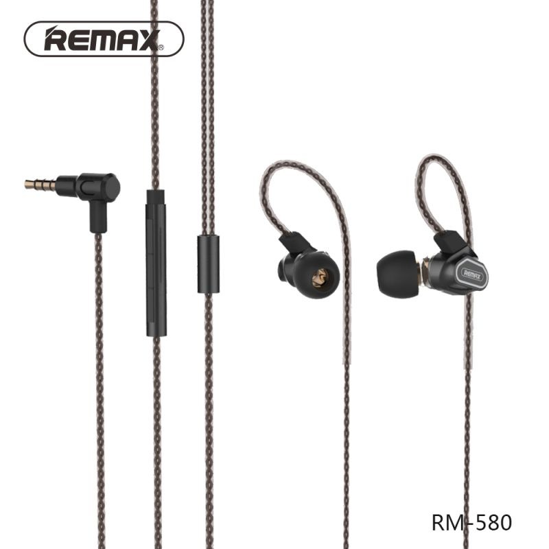 Remax睿量RM-580双动圈有线耳机入耳式hifi四核重低音耳塞式线控带麦k歌直播游戏电竞通用型-金色