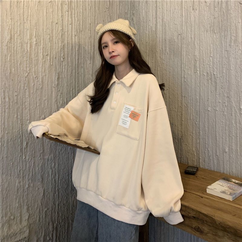 美式hiphop古着polo衫卫衣女秋冬宽松潮ins慵懒风bf加绒加厚外套