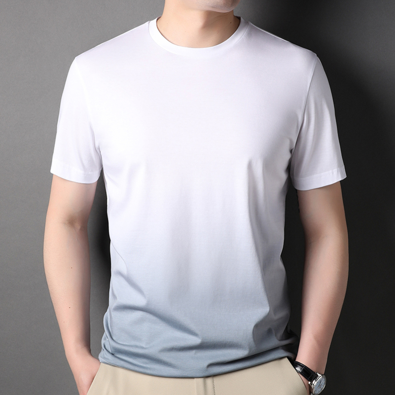 专柜夏季圆领桑蚕丝短袖t恤男薄款冰丝半袖潮流韩版男装渐变色体高清大图