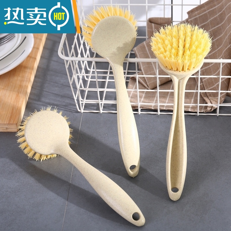 敬平长柄厨房用刷锅器洗碗刷子厨房水槽灶台去污不易沾油清洁锅刷子 小麦秸秆锅刷米黄色-1个装高清大图