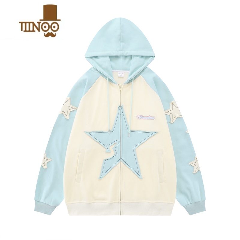 YANXUWEYWOT 国潮牌小众ins星星贴布开衫卫衣男女宽松插肩袖学生党外套高清大图