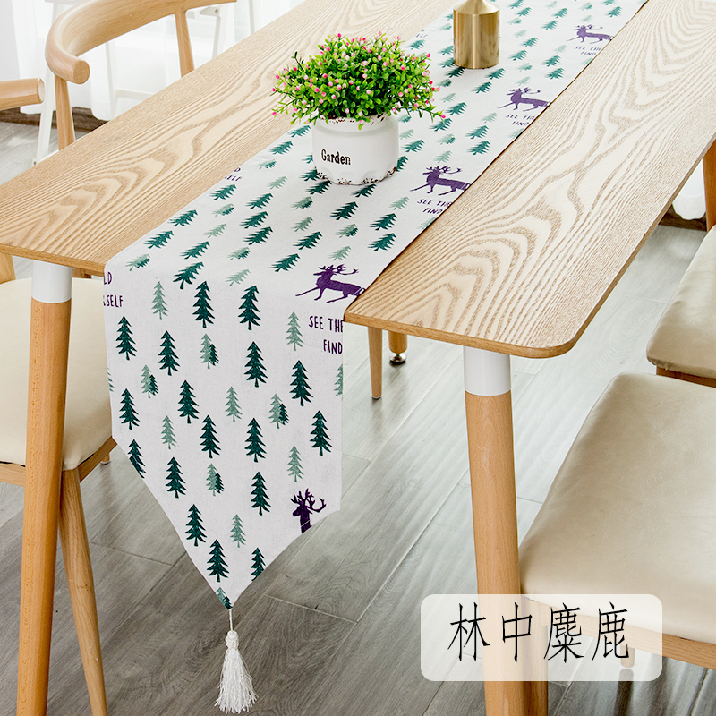 北欧桌旗现代简约茶几桌旗布长条餐桌茶台布艺鞋柜布盖巾床旗尾巾 林中麋鹿 30*160cm（适合100-120cm_622