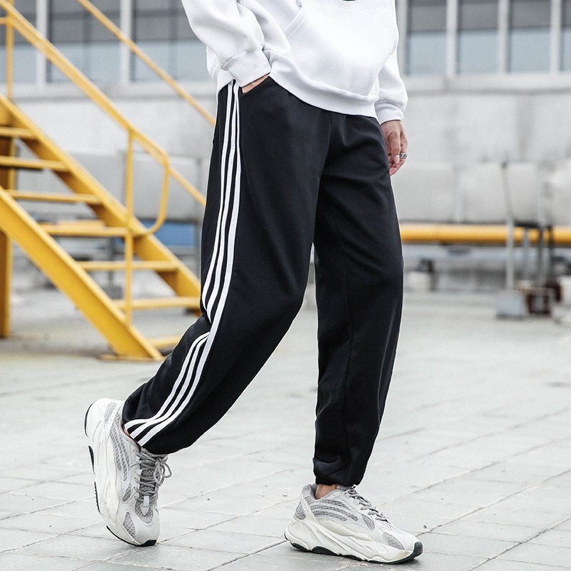 珂卡慕kekamu三条白杠裤子春新款运动裤男针织长裤休闲束脚哈伦裤棉