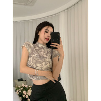 辣妹晕染短款上衣夏季新款女装设计感气质修身半高领短袖T恤 M 杏色