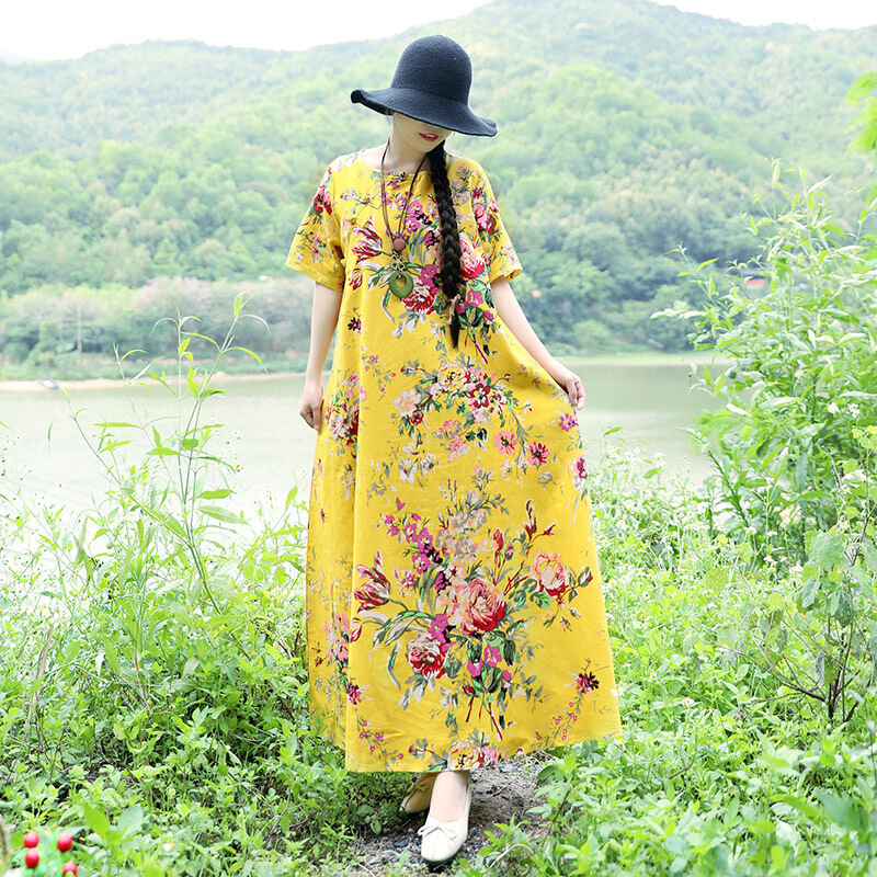 2018夏季民族风女装黄色印花棉麻长裙子大码宽松长款连衣裙lm