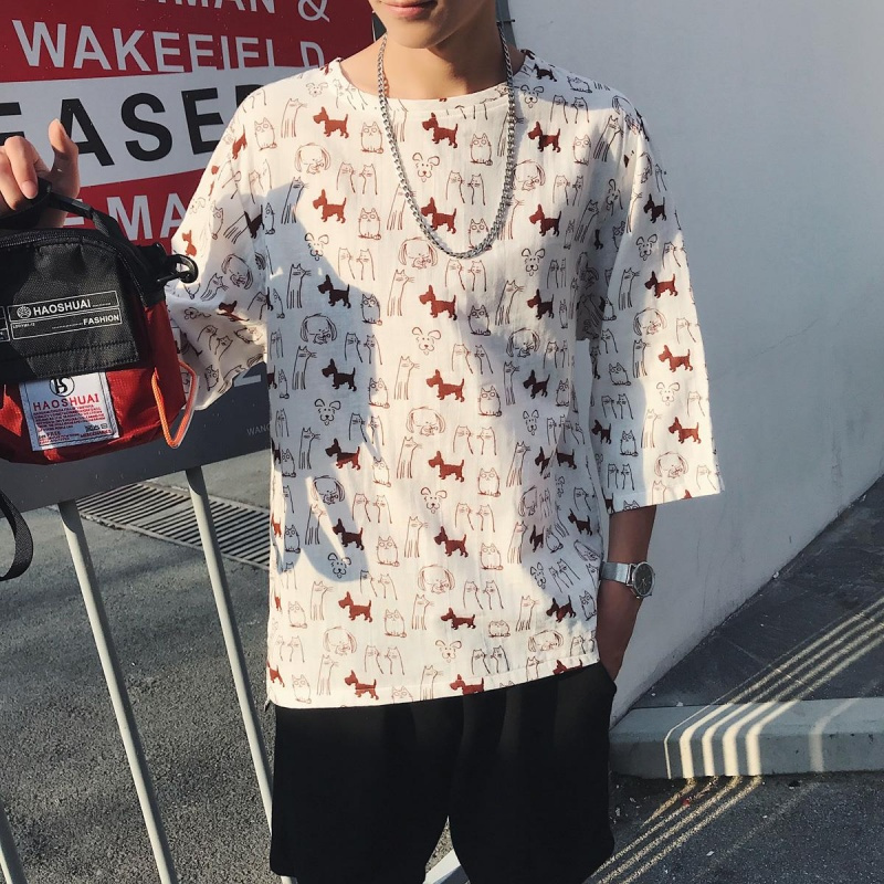 夏季年轻麻料透气印花男士中袖T恤潮港风五分袖圆领男装T恤衫大码