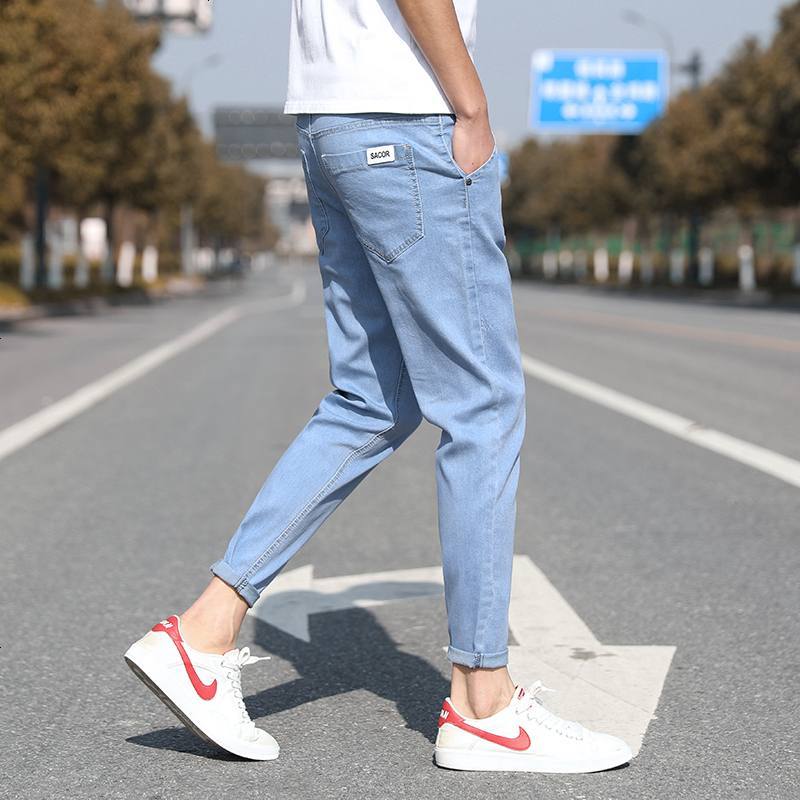 黑色九分牛仔裤男修身韩版潮流小脚夏季百搭潮牌男生9分休闲裤子