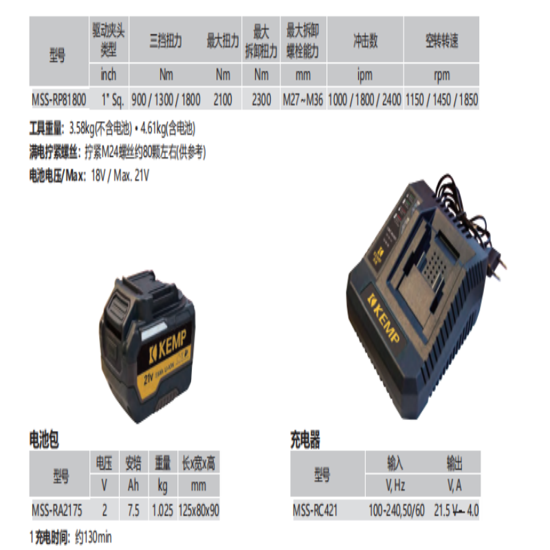 肯普锂电冲击扳手电动工具MSS-RP81800+MSS-RA2175+MSS-RC421; 1“(包含电池包*1+充高清大图