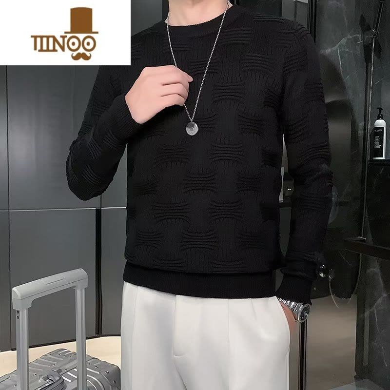 YANXU感纯色圆领毛衣男韩版百搭针织衫冬季新款潮流帅气休闲线衣图片