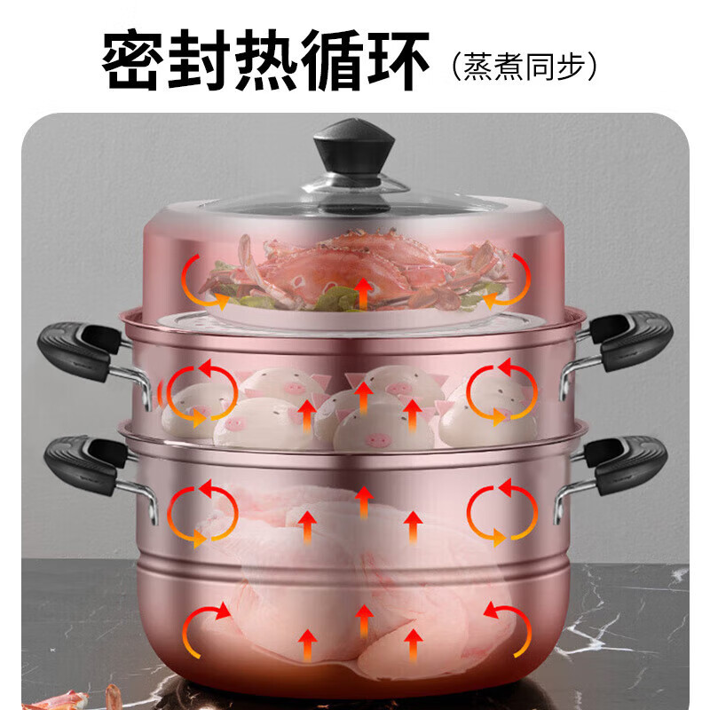 拜格(BAYCO)蒸锅不锈钢28CM三层加厚大容量家用汤锅蒸馍馒头包子蒸笼 BG1730