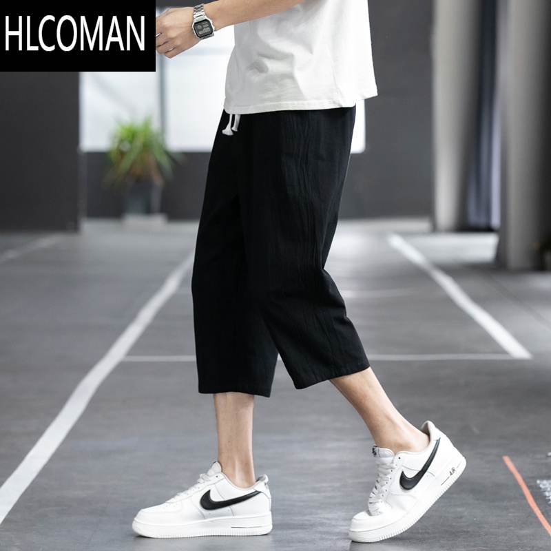 HLCOMAN棉麻短裤男夏季薄款外穿潮流亚麻冰丝裤男生阔腿运动休闲七分裤子