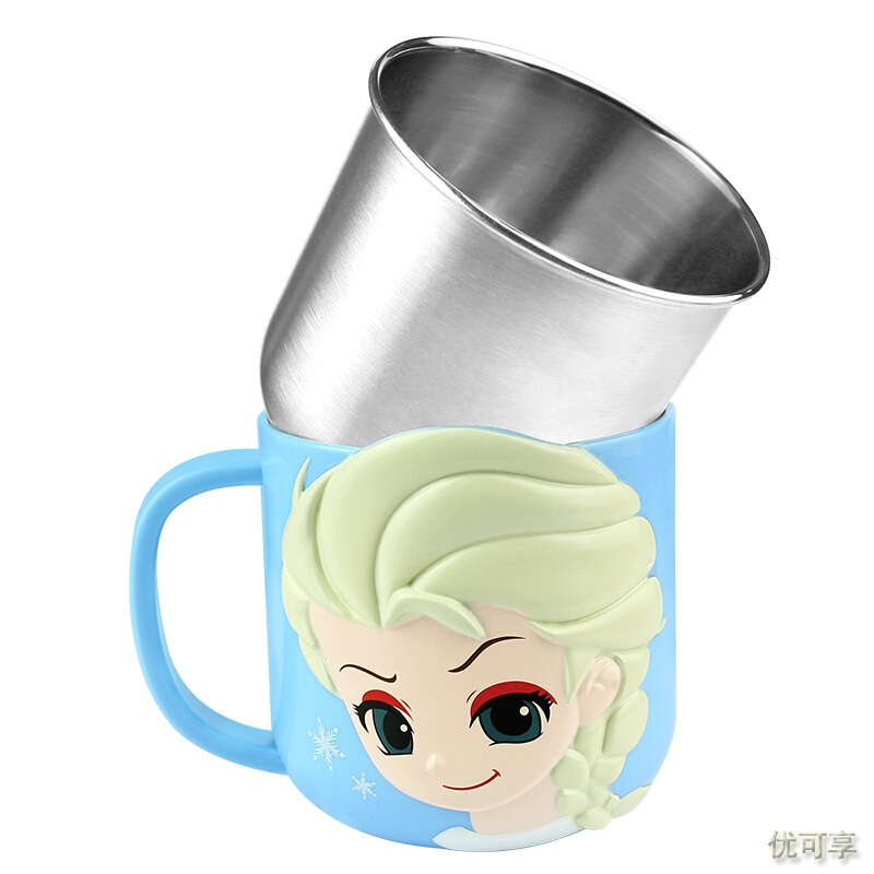 迪士尼婴儿童水杯 宝宝3D立体卡通可拆卸不锈钢牛奶杯 两用带盖250ML