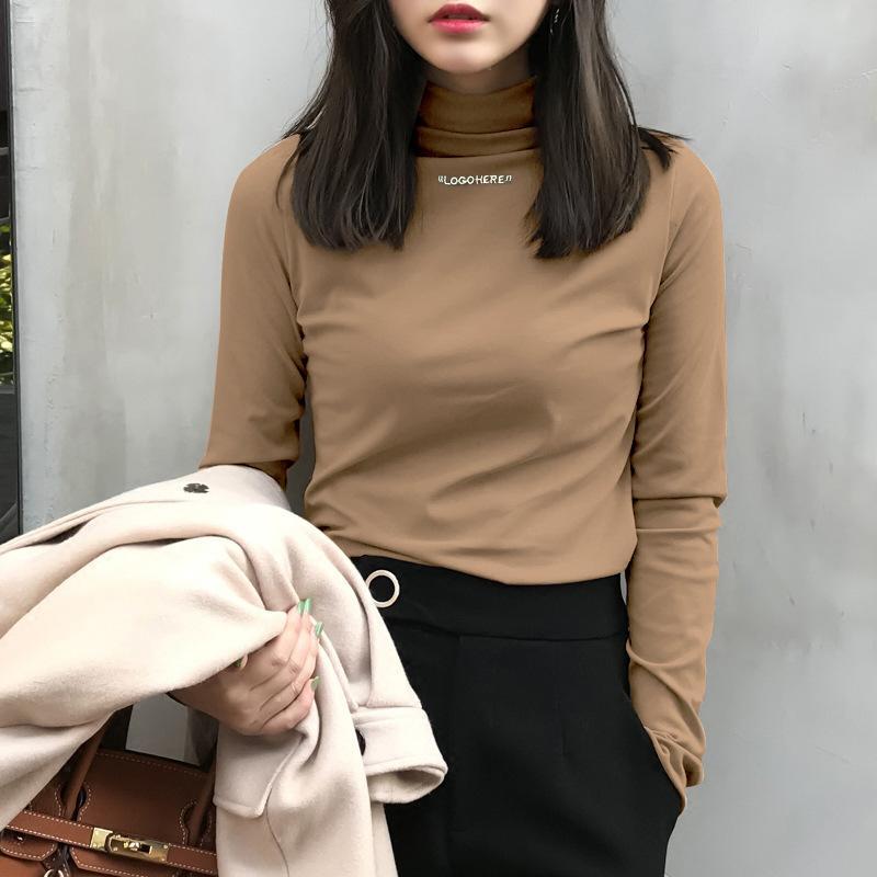 嗨Girl2019半高领上衣打底衫女秋冬套头字母绣花修身学生纯色长袖T恤女