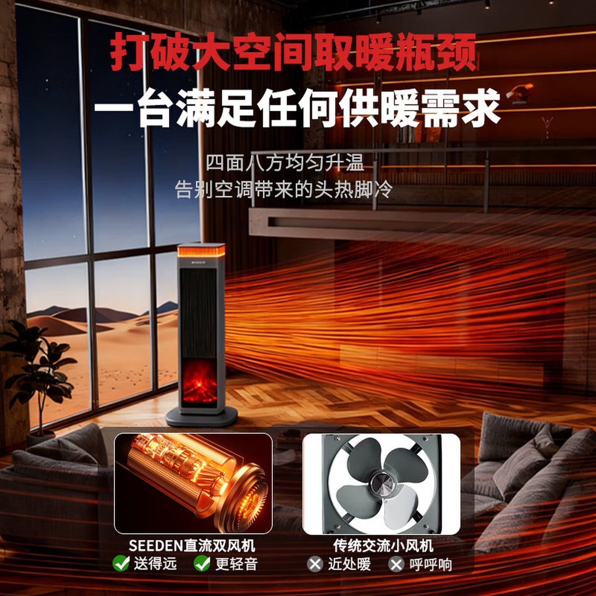 SEEDEN石墨烯+PTC陶瓷加热电暖器家用办公室80cm高塔暖风机全屋升温大面积负离子杀菌智能语音西点取暖器高清大图
