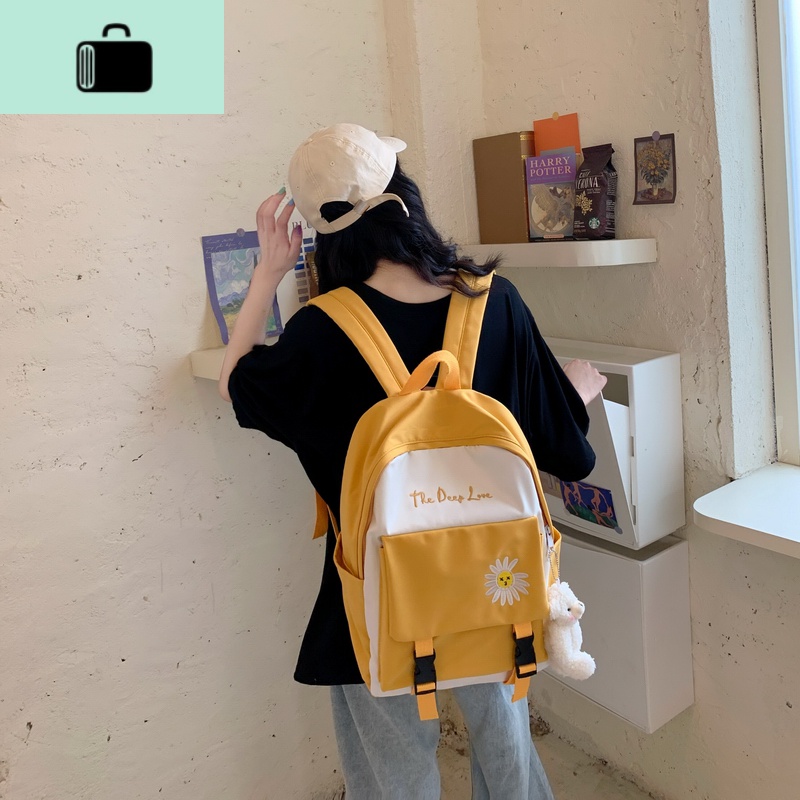 初中生书包女韩版高中学生背包女大容量双肩包2020年新款时尚潮流NEW LAKE 黄色【带腮红小熊】